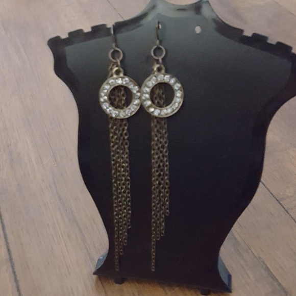 Dangle Earrings Rhinestone Circle Chain Fringe Drop Earrings Bronze - Picture 2 of 3